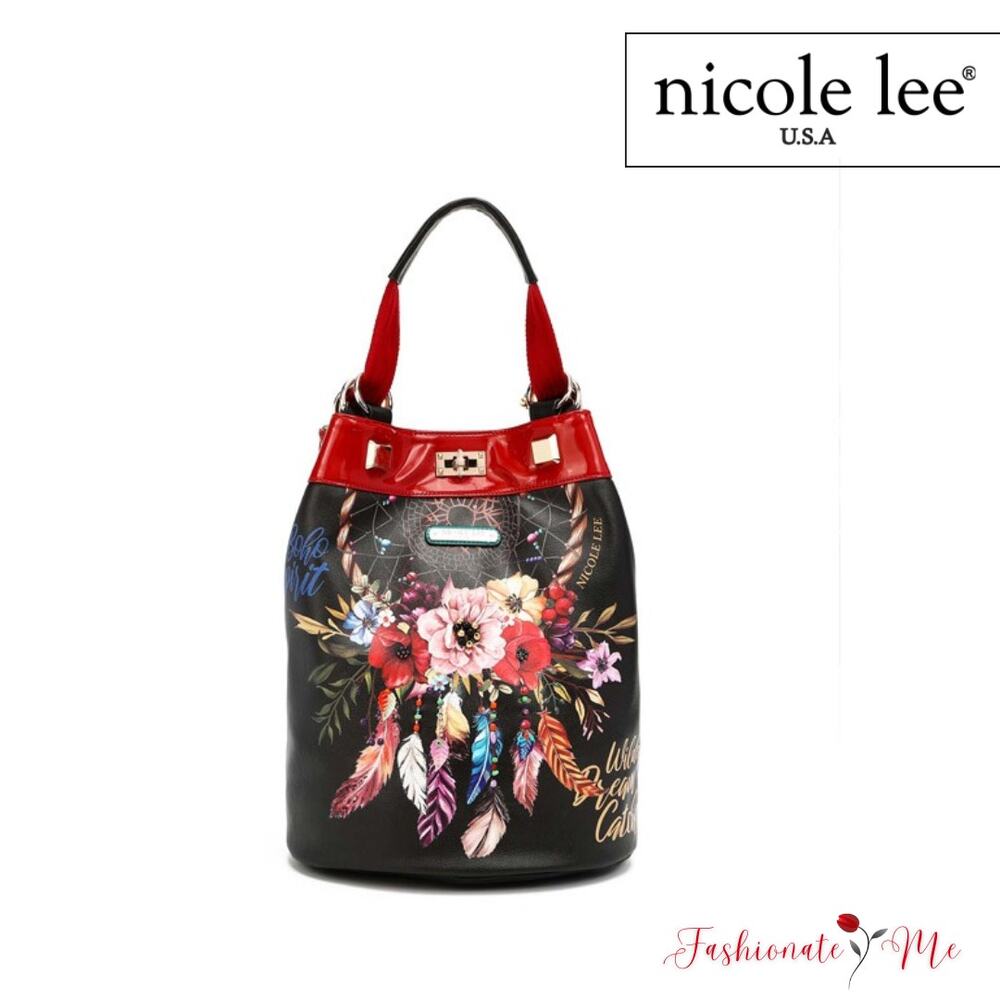 Nicole Lee USA Bohemian Black Flower Pattern Pockets Adjustable Strap Bucket Bag